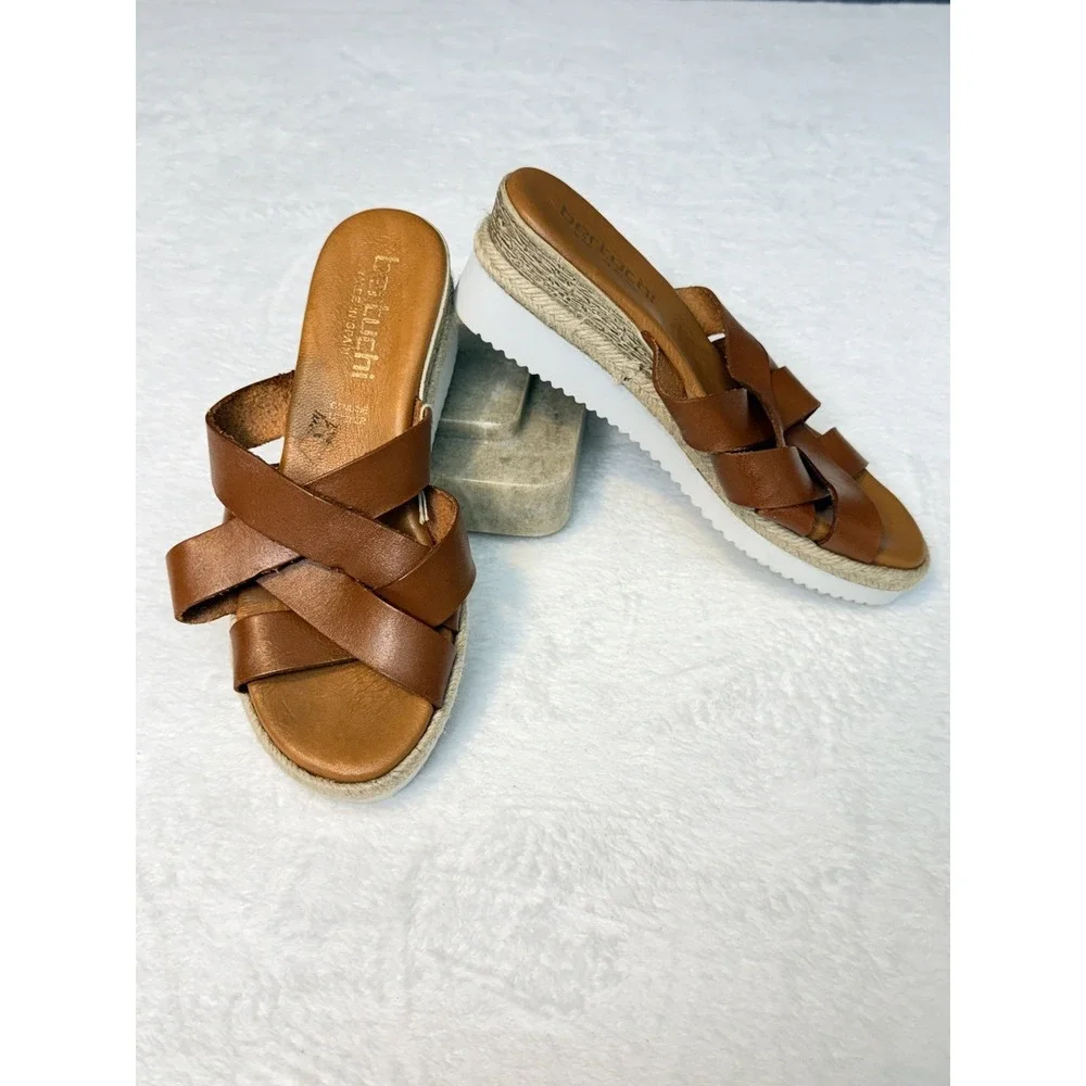 Bertuchi Sandals Women 6.5-7 Brown Leather Wedge Slide Espadrille Casual Comfort